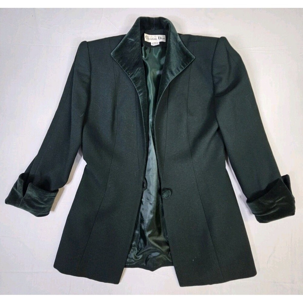 Christian Dior Blazer Women Sz 6 Green Wool W/ Velvet Collar & Cuffs VINTAGE